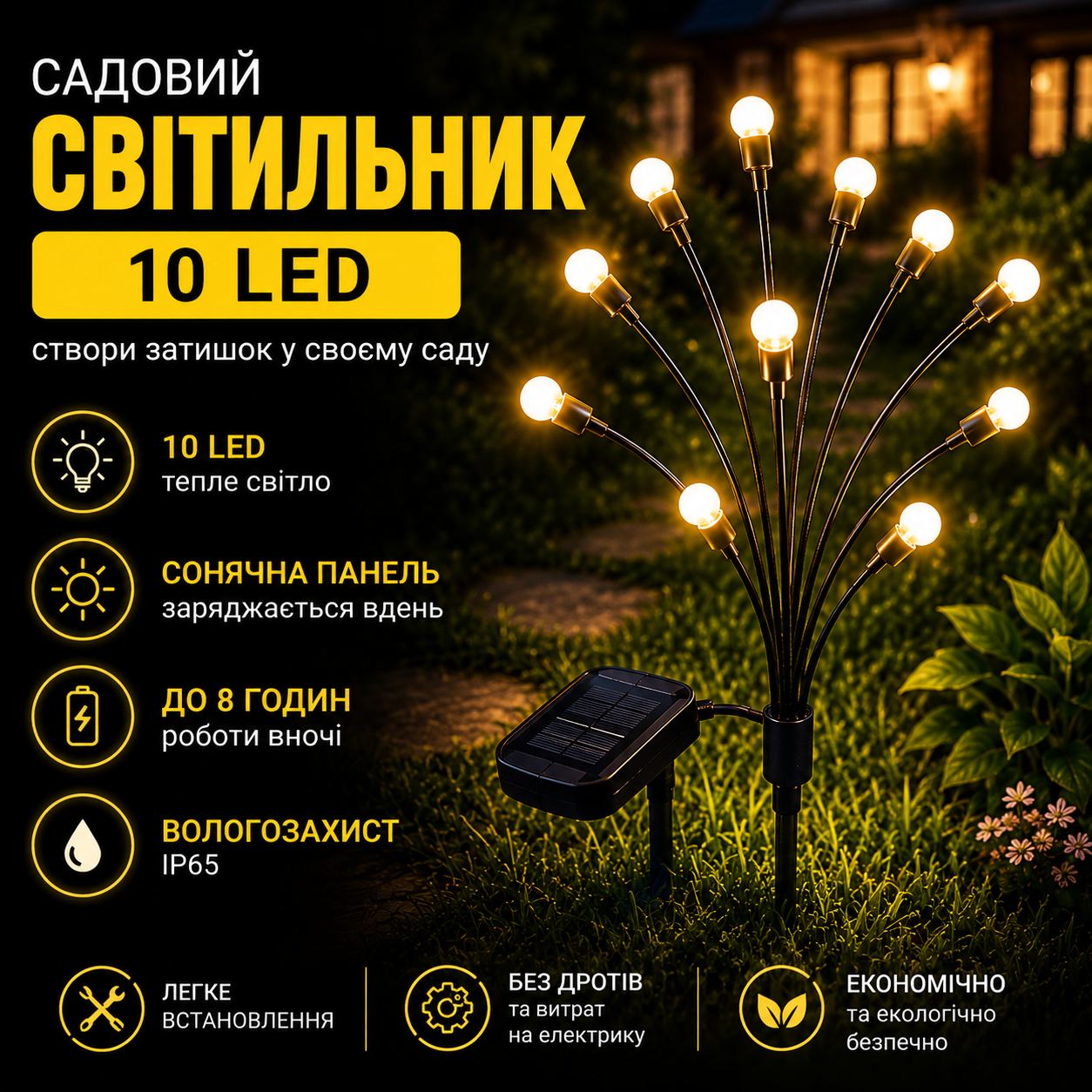 Садовий світильник на сонячній батареї 10 LED